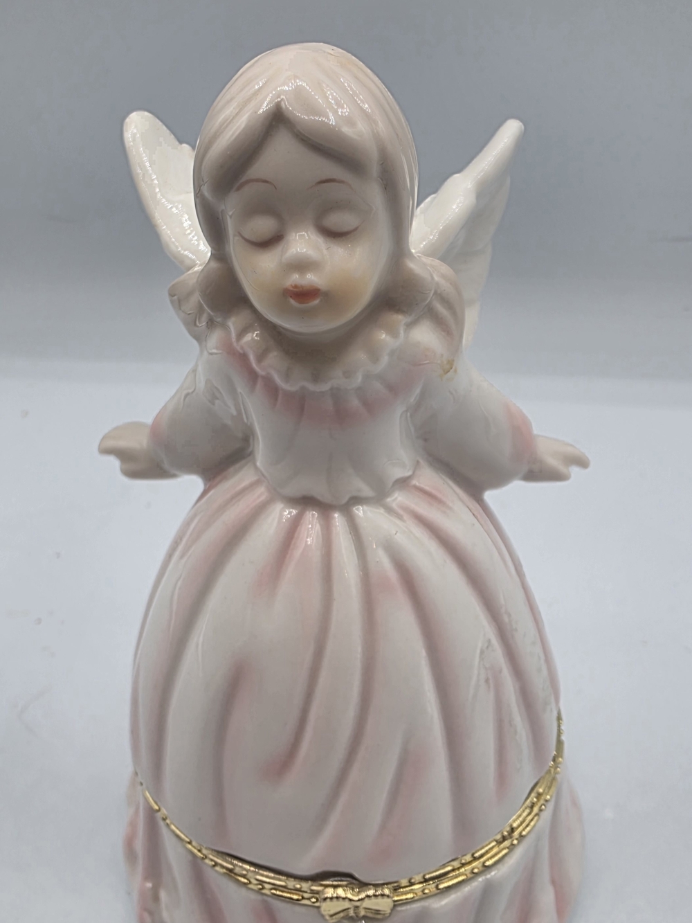 Vintage Porcelain Angel Figurine Trinket Box in Pale Pink and White
